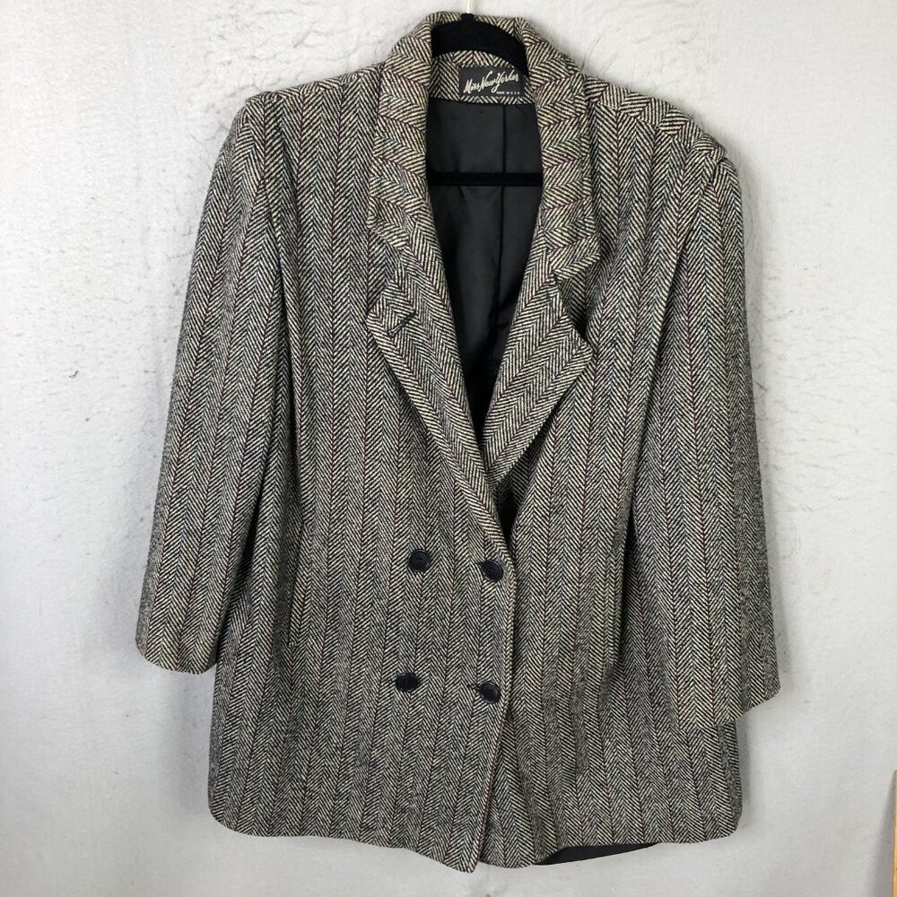 Vintage Miss NewYorker Coat Womens XL Gray Herringbone Tweed Overcoat USA 80s